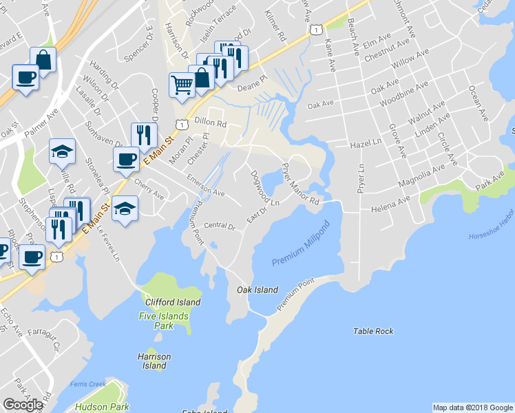 map of restaurants, bars, coffee shops, grocery stores, and more near 46 Premium Point in New Rochelle