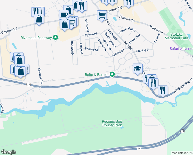 map of restaurants, bars, coffee shops, grocery stores, and more near 1368 West Main Street in Riverhead