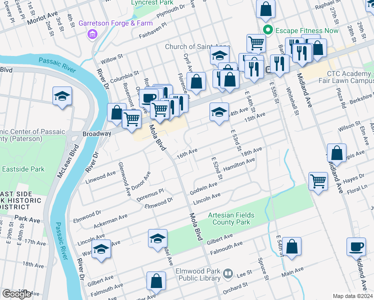 map of restaurants, bars, coffee shops, grocery stores, and more near 1-23B 16th Avenue in Elmwood Park