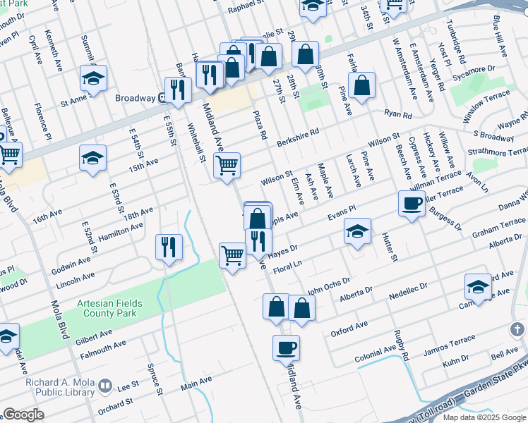 map of restaurants, bars, coffee shops, grocery stores, and more near 5 Wilson Court in Saddle Brook