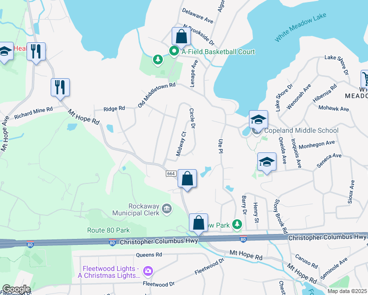 map of restaurants, bars, coffee shops, grocery stores, and more near 16 Midway Court in Rockaway