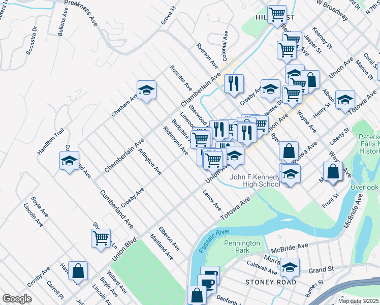 map of restaurants, bars, coffee shops, grocery stores, and more near 164 Crosby Avenue in Paterson