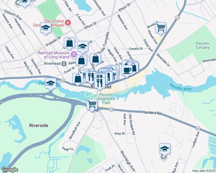 map of restaurants, bars, coffee shops, grocery stores, and more near in Riverhead
