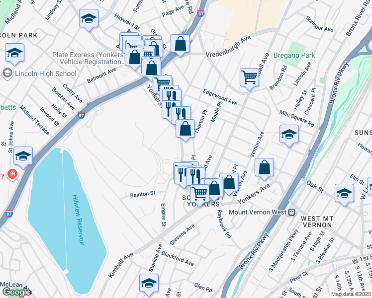 map of restaurants, bars, coffee shops, grocery stores, and more near 150 Hildreth Place in Yonkers