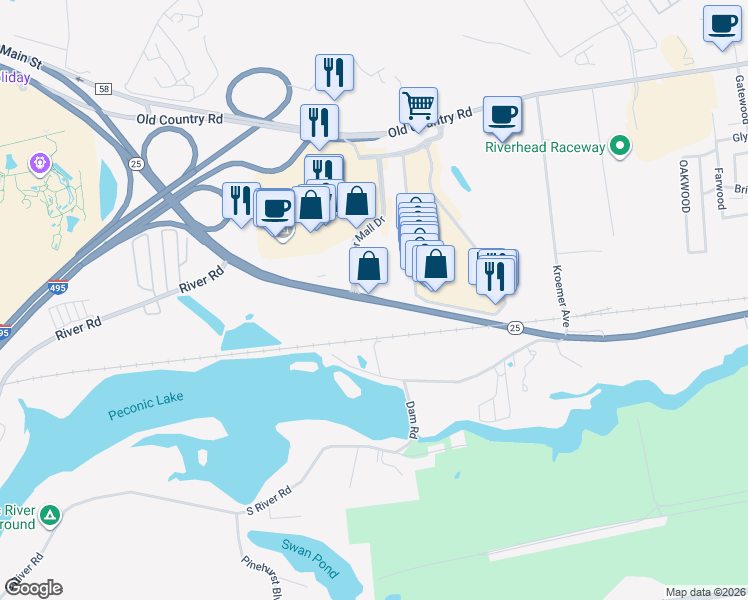 map of restaurants, bars, coffee shops, grocery stores, and more near 1753 New York State Route 25 in Riverhead