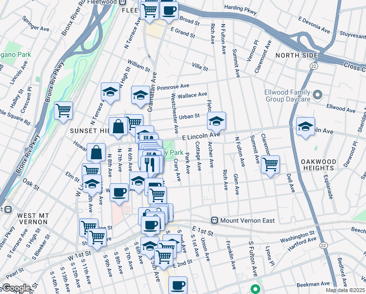 map of restaurants, bars, coffee shops, grocery stores, and more near 170 Park Avenue in Mount Vernon
