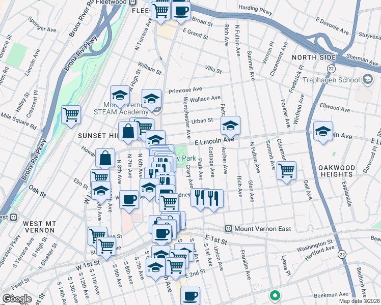 map of restaurants, bars, coffee shops, grocery stores, and more near 170 Park Avenue in Mount Vernon