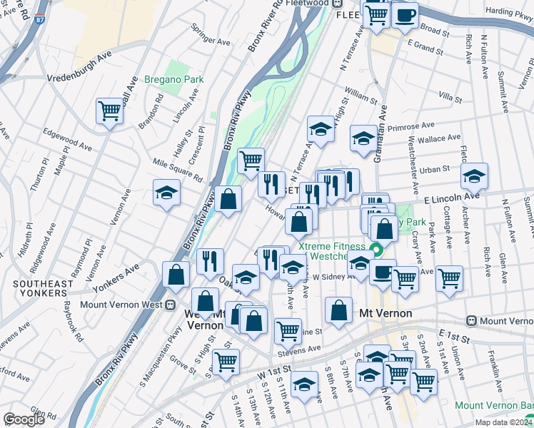 map of restaurants, bars, coffee shops, grocery stores, and more near 26 Howard Street in Mount Vernon