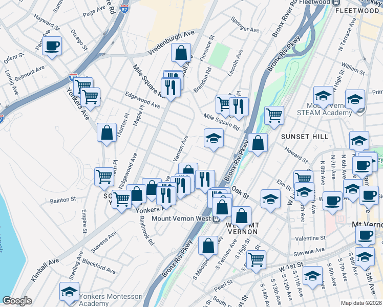 map of restaurants, bars, coffee shops, grocery stores, and more near 7 Crestmont Avenue in Yonkers