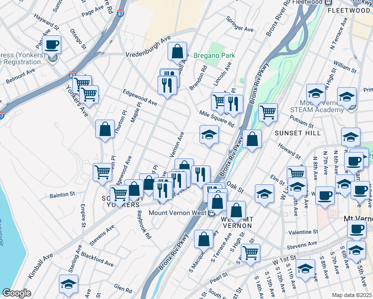 map of restaurants, bars, coffee shops, grocery stores, and more near 7 Crestmont Avenue in Yonkers