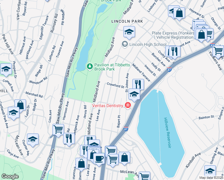 map of restaurants, bars, coffee shops, grocery stores, and more near 216 Devoe Avenue in Yonkers