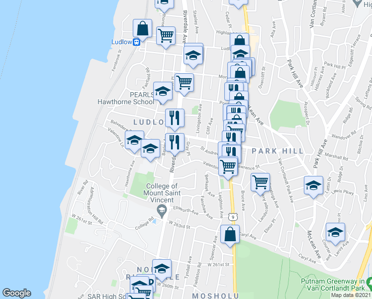 map of restaurants, bars, coffee shops, grocery stores, and more near 205 Valentine Lane in Yonkers
