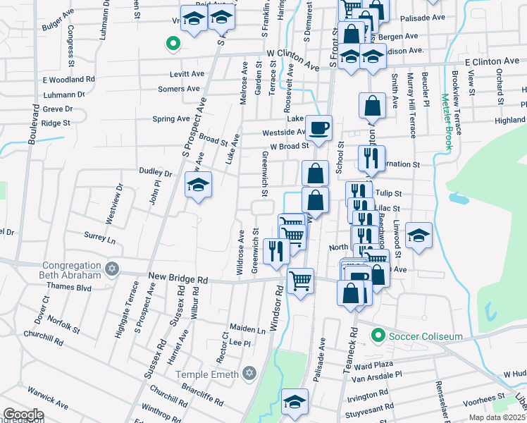 map of restaurants, bars, coffee shops, grocery stores, and more near 70 Greenwich Drive in Bergenfield