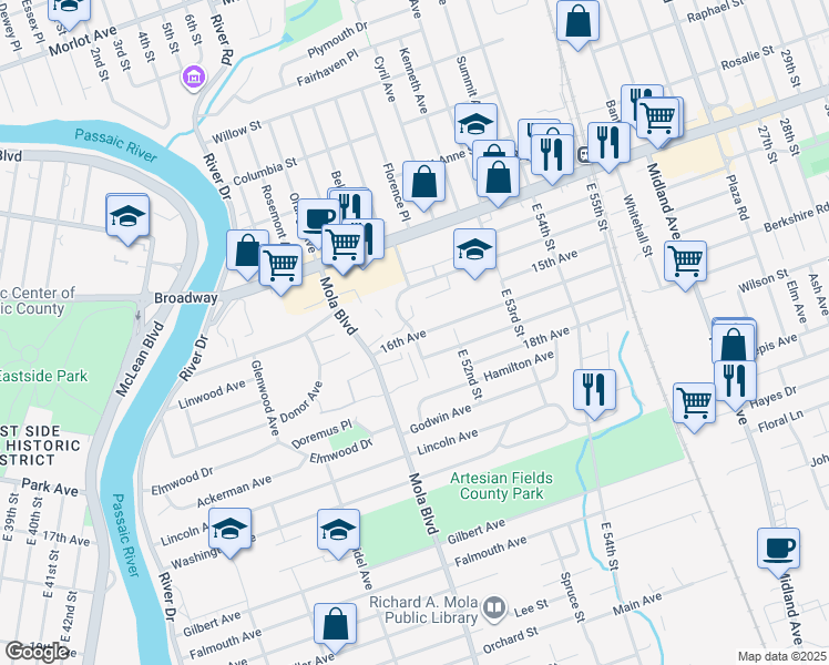 map of restaurants, bars, coffee shops, grocery stores, and more near 1-23B 16th Avenue in Elmwood Park