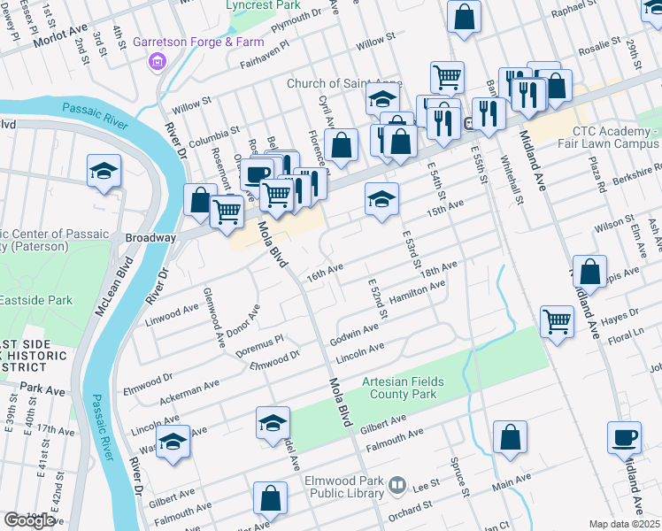 map of restaurants, bars, coffee shops, grocery stores, and more near 1-23B 16th Avenue in Elmwood Park