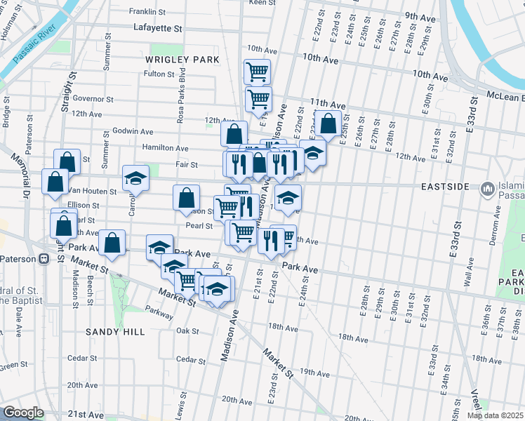 map of restaurants, bars, coffee shops, grocery stores, and more near 667 Madison Avenue in Paterson