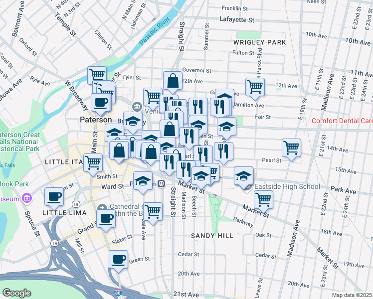 map of restaurants, bars, coffee shops, grocery stores, and more near 139 Auburn Street in Paterson