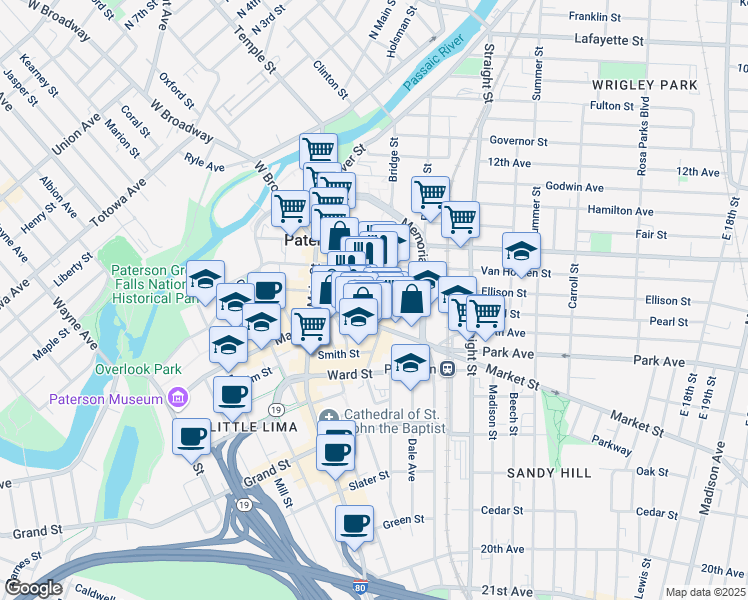 map of restaurants, bars, coffee shops, grocery stores, and more near 44 Church Street in Paterson