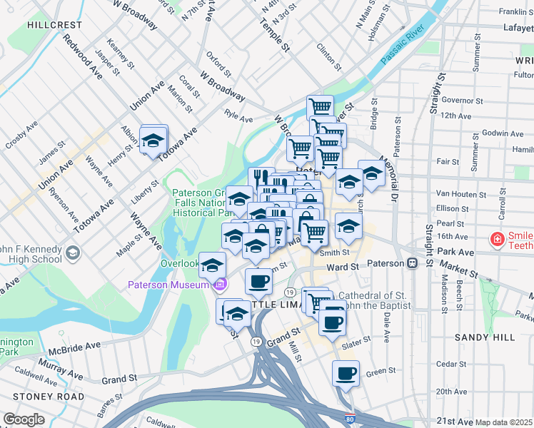map of restaurants, bars, coffee shops, grocery stores, and more near 31 Ellison Street in Paterson