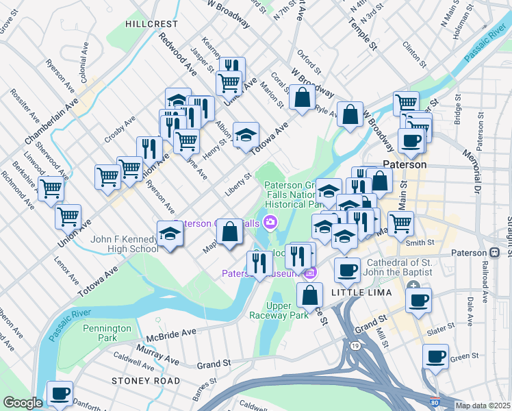map of restaurants, bars, coffee shops, grocery stores, and more near 163 Maple Street in Paterson