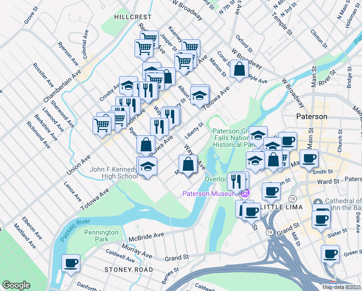 map of restaurants, bars, coffee shops, grocery stores, and more near 58 Wayne Avenue in Paterson