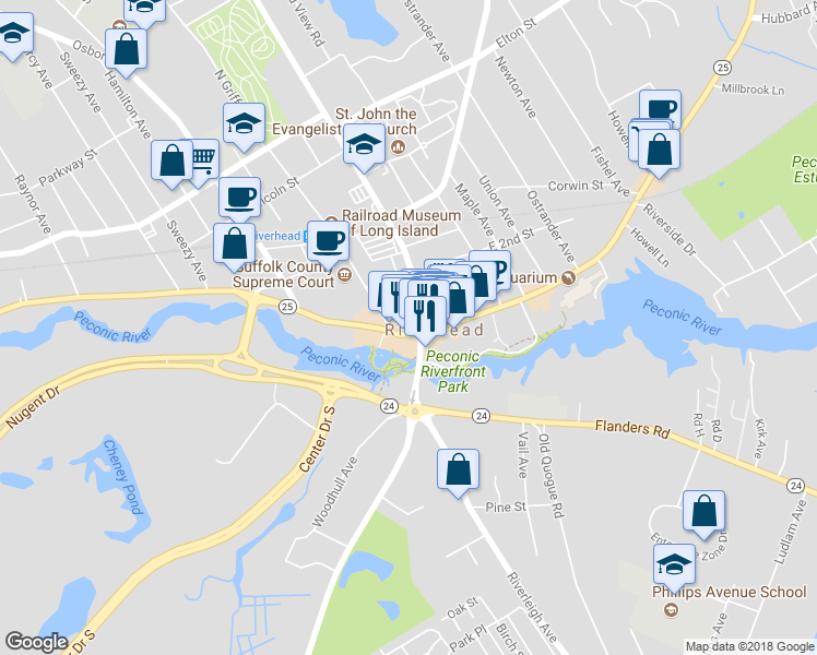 map of restaurants, bars, coffee shops, grocery stores, and more near 42 West Main Street in Riverhead