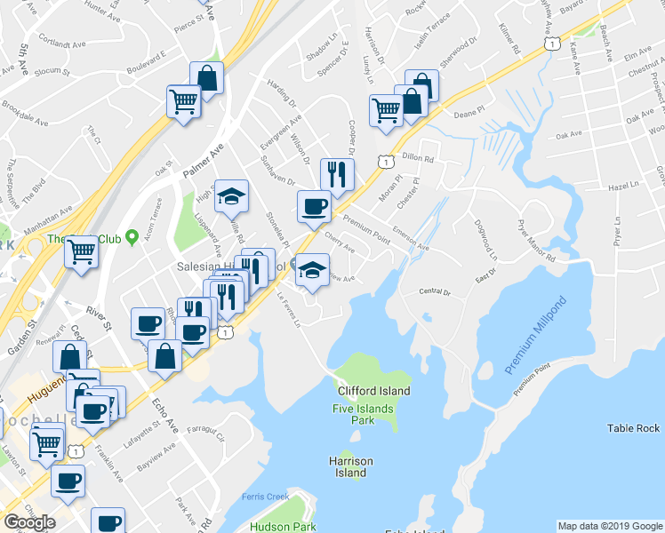 map of restaurants, bars, coffee shops, grocery stores, and more near 30 Seaview Avenue in New Rochelle