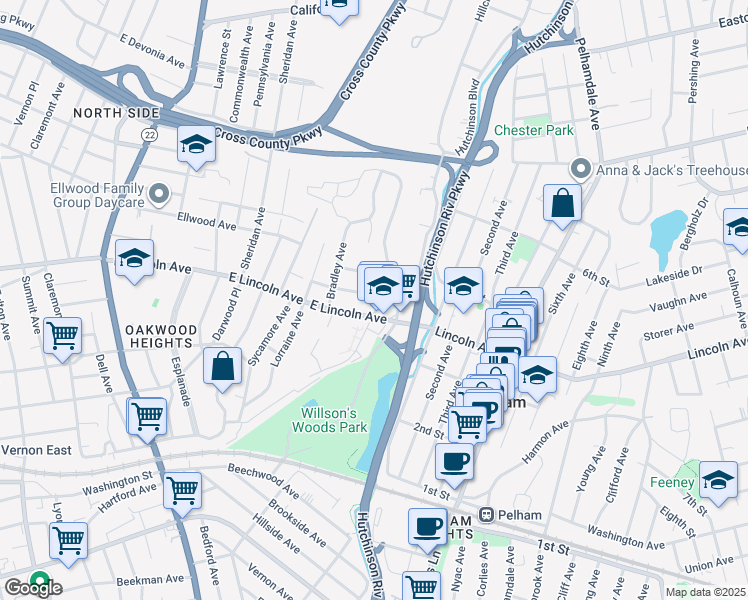 map of restaurants, bars, coffee shops, grocery stores, and more near 216 Station Place in Mount Vernon
