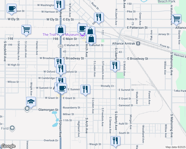 map of restaurants, bars, coffee shops, grocery stores, and more near 523 South Linden Avenue in Alliance