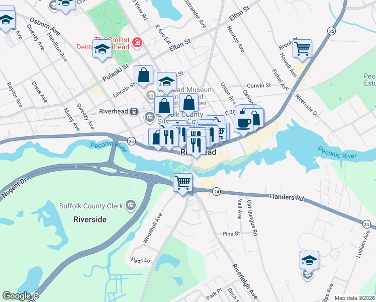 map of restaurants, bars, coffee shops, grocery stores, and more near 40 West Main Street in Riverhead