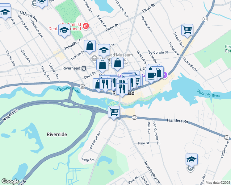 map of restaurants, bars, coffee shops, grocery stores, and more near 38 West Main Street in Riverhead