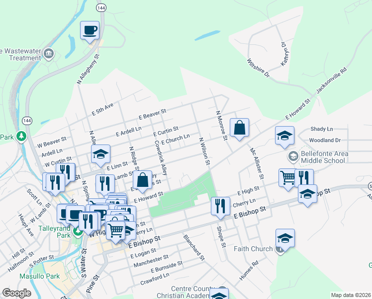 map of restaurants, bars, coffee shops, grocery stores, and more near 430 East Linn Street in Bellefonte