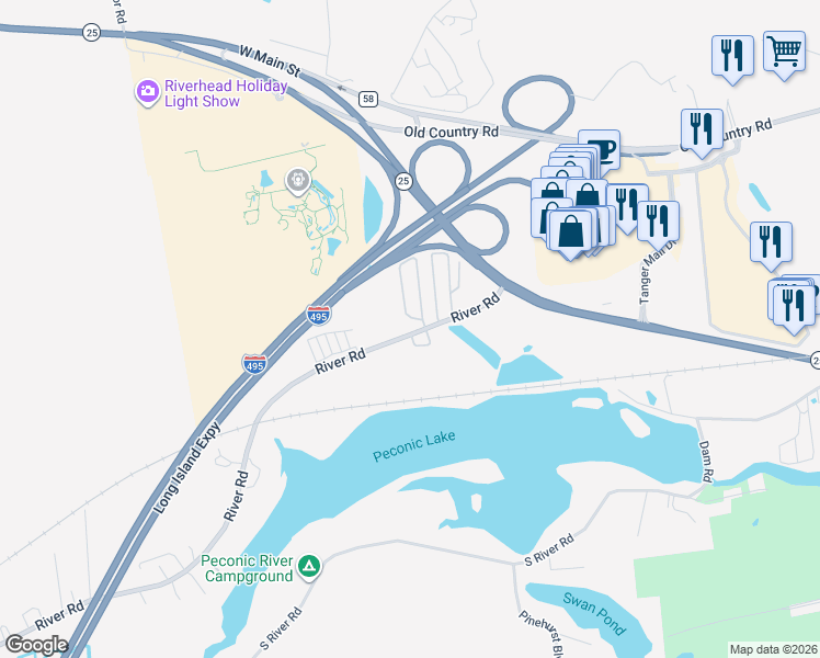 map of restaurants, bars, coffee shops, grocery stores, and more near 1963 River Road in Calverton