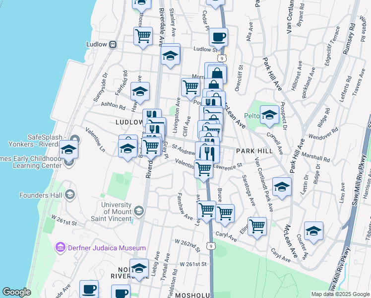 map of restaurants, bars, coffee shops, grocery stores, and more near 43 Saint Andrews Place in Yonkers