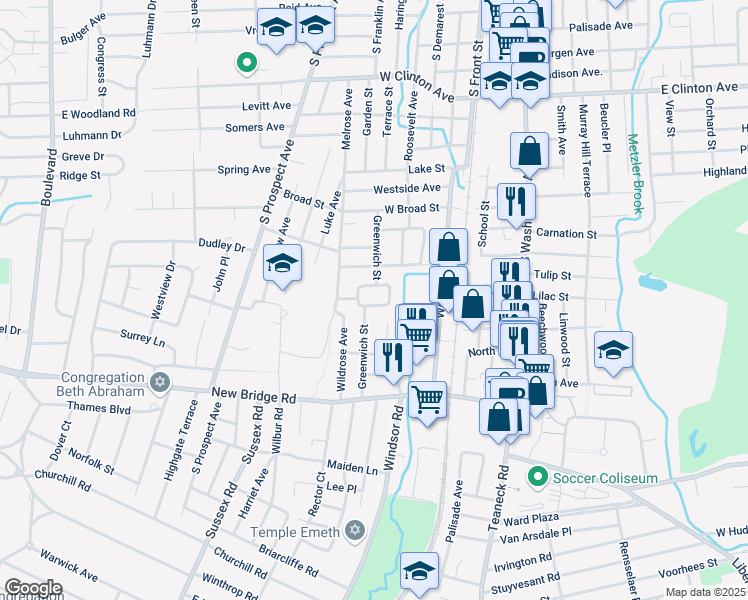 map of restaurants, bars, coffee shops, grocery stores, and more near 70 Greenwich Drive in Bergenfield