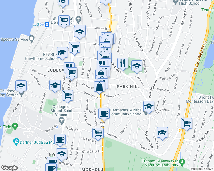 map of restaurants, bars, coffee shops, grocery stores, and more near 68 Radford Street in Yonkers