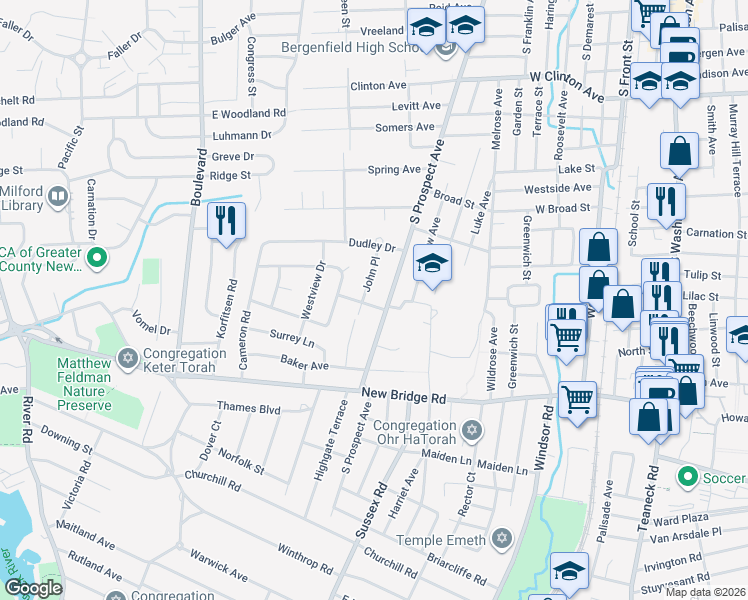 map of restaurants, bars, coffee shops, grocery stores, and more near 11 Gordon Road in Bergenfield