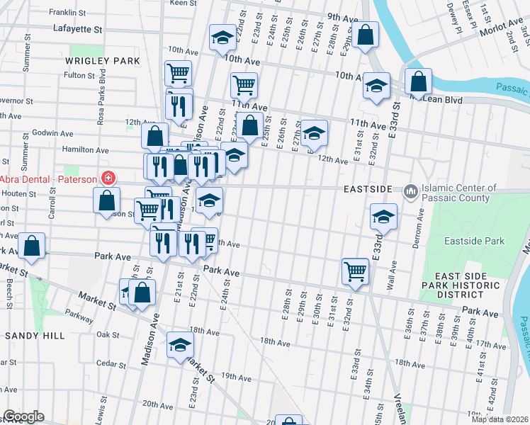 map of restaurants, bars, coffee shops, grocery stores, and more near 599 14th Avenue in Paterson