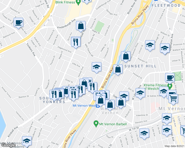 map of restaurants, bars, coffee shops, grocery stores, and more near 54 Villa Avenue in Yonkers