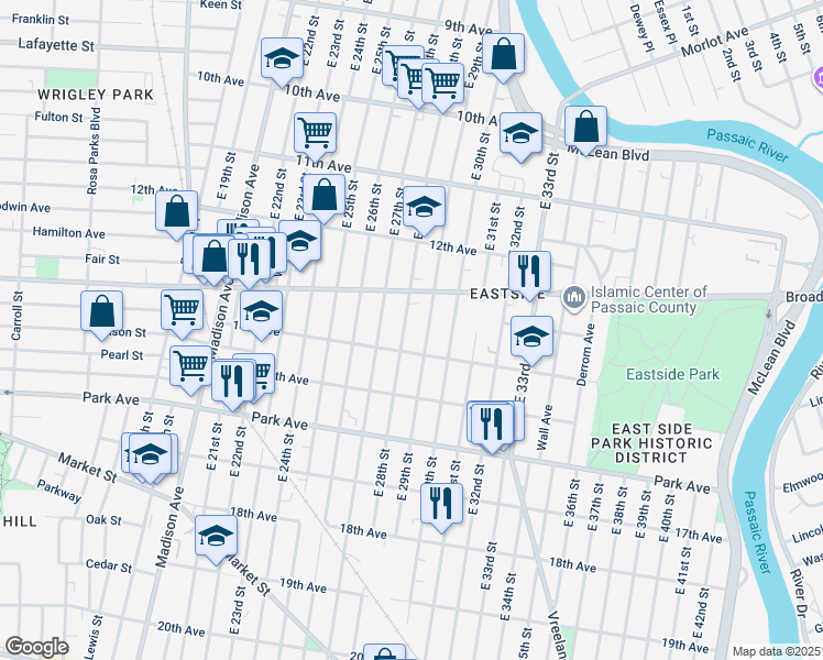 map of restaurants, bars, coffee shops, grocery stores, and more near 573 E 28th St in Paterson