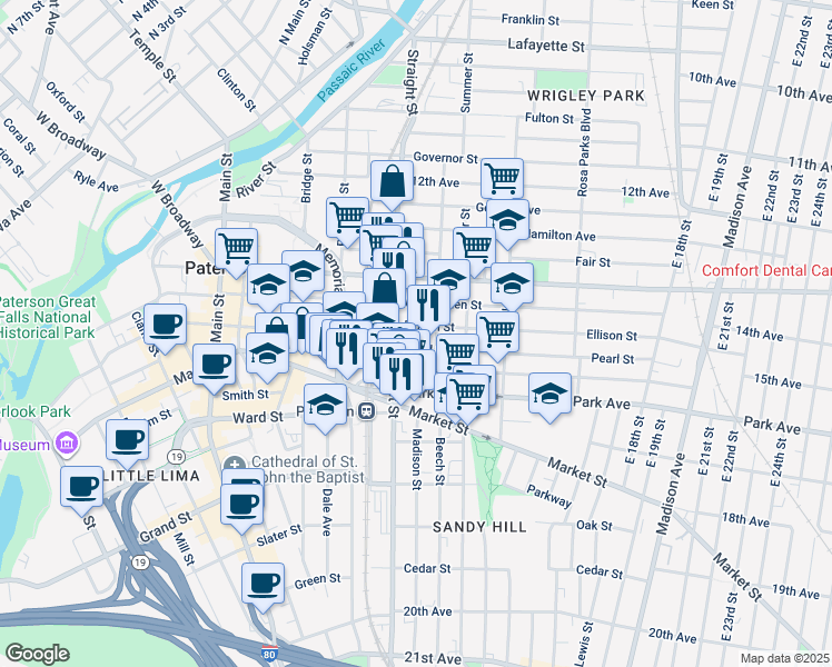 map of restaurants, bars, coffee shops, grocery stores, and more near 276 Ellison Street in Paterson