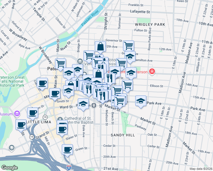 map of restaurants, bars, coffee shops, grocery stores, and more near 207 Straight Street in Paterson