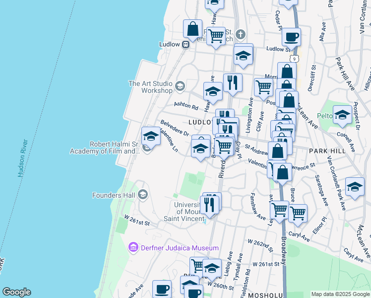 map of restaurants, bars, coffee shops, grocery stores, and more near 451 Hawthorne Avenue in Yonkers