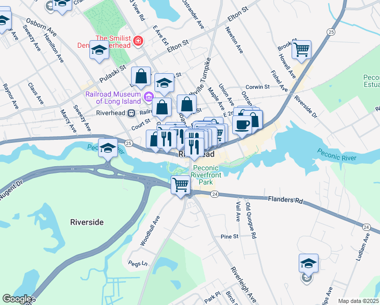 map of restaurants, bars, coffee shops, grocery stores, and more near 38 West Main Street in Riverhead