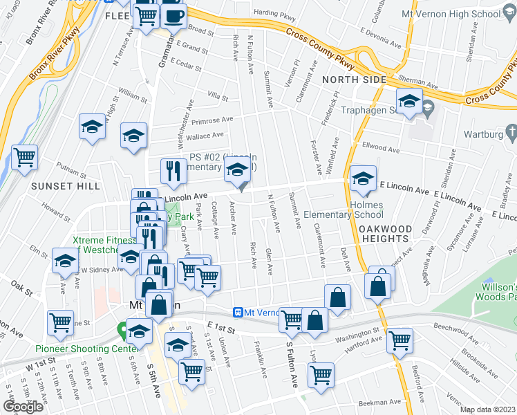 map of restaurants, bars, coffee shops, grocery stores, and more near 28 Clinton Place in Mount Vernon