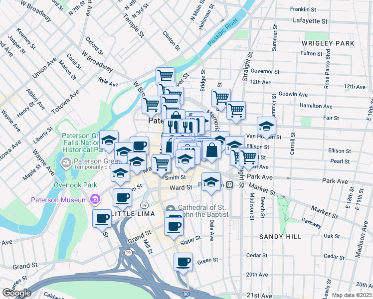 map of restaurants, bars, coffee shops, grocery stores, and more near 44 Church Street in Paterson