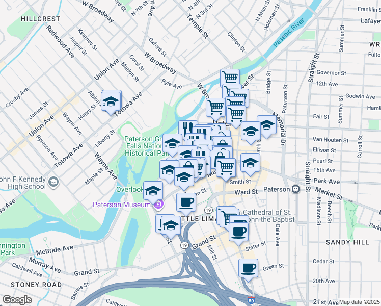 map of restaurants, bars, coffee shops, grocery stores, and more near 41 Ellison Street in Paterson