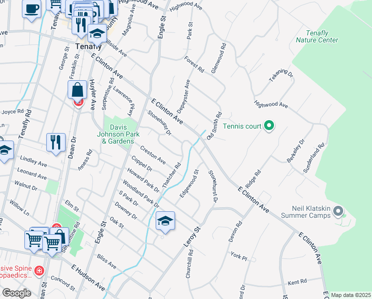 map of restaurants, bars, coffee shops, grocery stores, and more near 140 Thatcher Road in Tenafly