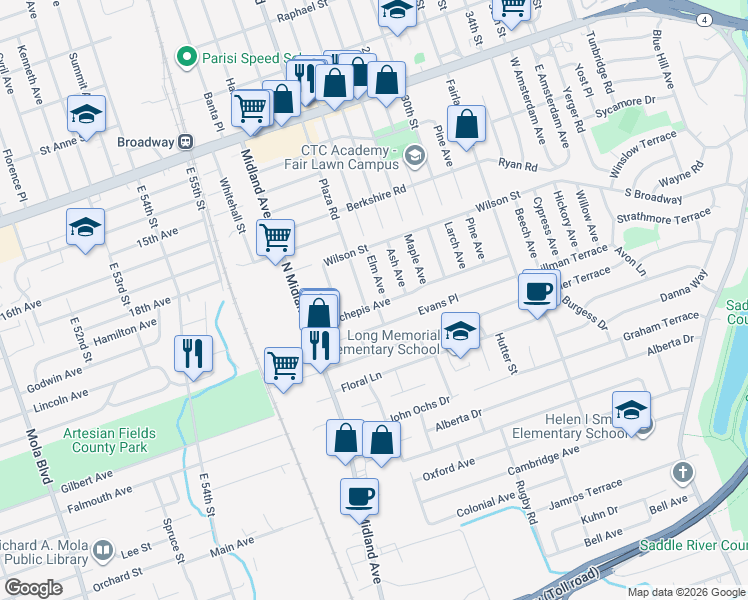 map of restaurants, bars, coffee shops, grocery stores, and more near 269 Schepis Avenue in Saddle Brook