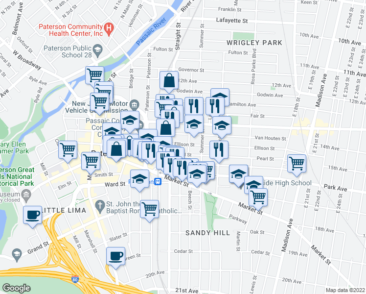 map of restaurants, bars, coffee shops, grocery stores, and more near 282 Ellison Street in Paterson